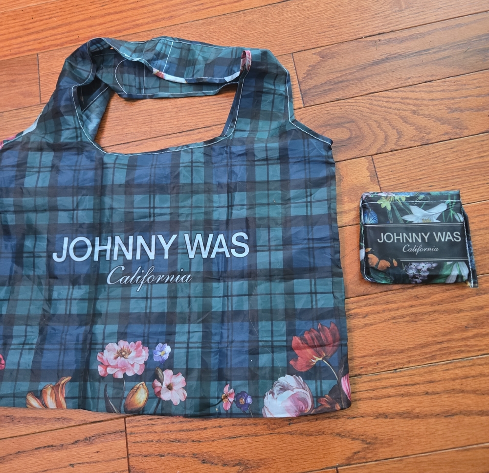 Johnny Was Green and Navy Plaid Floral Foldable Tote